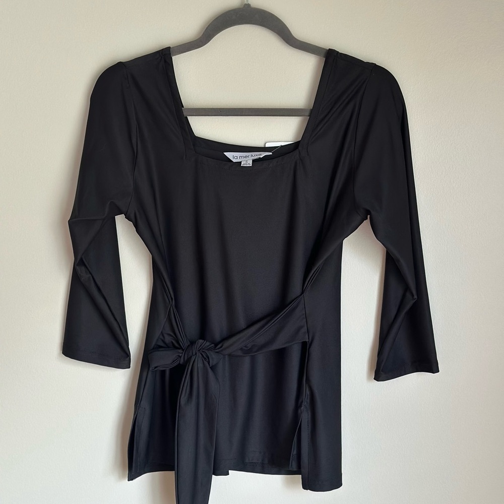 La Mer Luxe Women’s Square Neck Black 3/4 Slv Tie Waist Top Buttery Soft Small